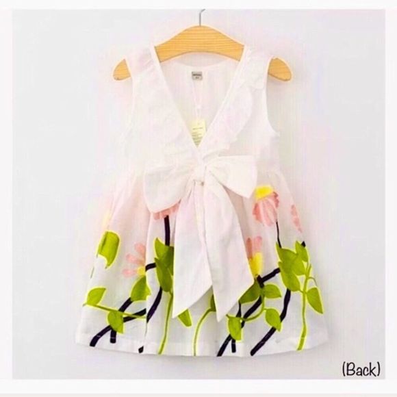 Cotton Dress With Embroidered Flowers Ruffle Collar Large Bow at Small of Back - Picture 1 of 8